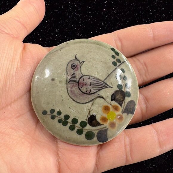 Hand Made Mexico Pottery Trinket Box W Lid Hand Painted Bird Jewelry Storage VTG - Picture 5 of 10